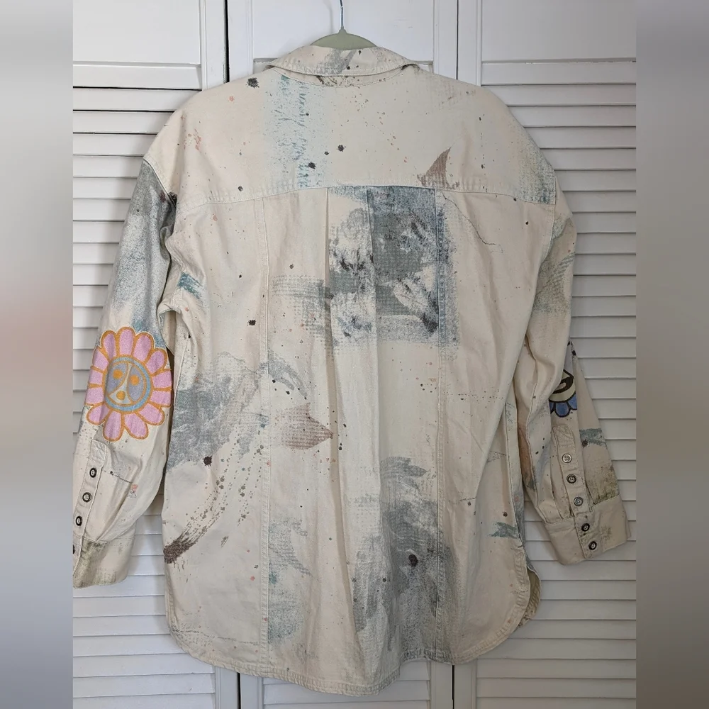 Free People Sunshine Fields Buttondown Top Splatter Denim Jacket Size S